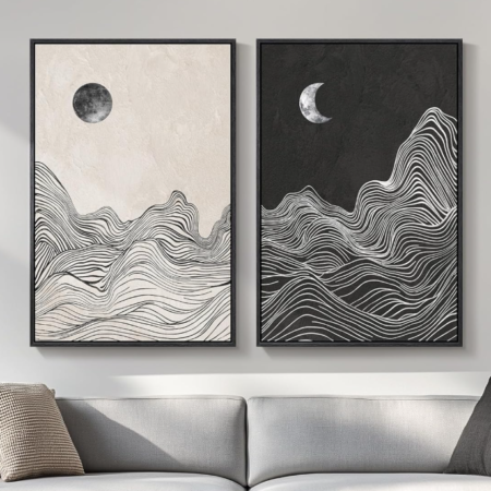 Black & White Abstract Mountain & Moon Wall Art — 2-Piece Set